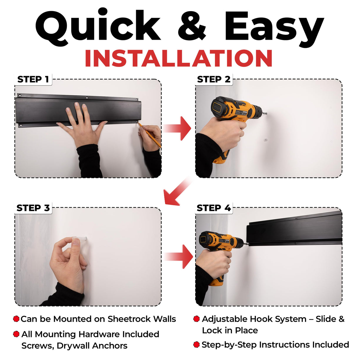 NINE FORTY Garage Tool Organizer Wall Mount - 49.5 Inches, 16" Stud Spacing, 440 LBS. Sturdy Rubber Coated Garden Tool Organizer and Storage Rack with Adjustable Hooks NINE FORTY