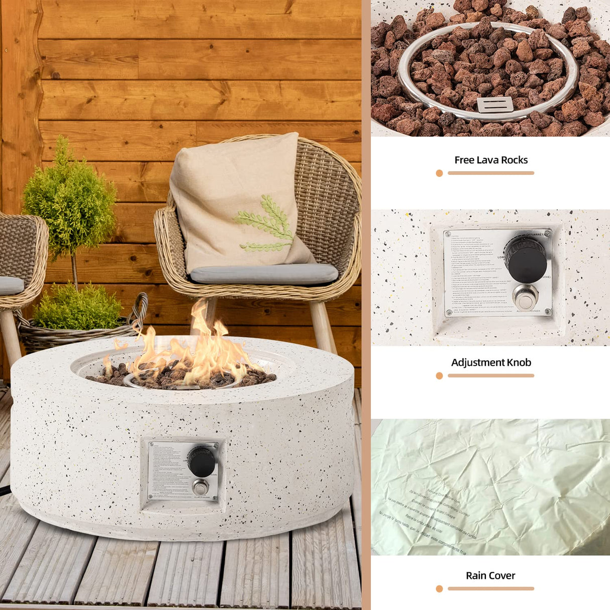 HOMPUS Outdoor Propane Fire Pit, 40,000 BTU 28-inch Round White Terrazzo Concrete Fire Table Gas Fire Pit w Lava Rocks and Rain Cover for Outdoor, Deck or Backyard HOMPUS