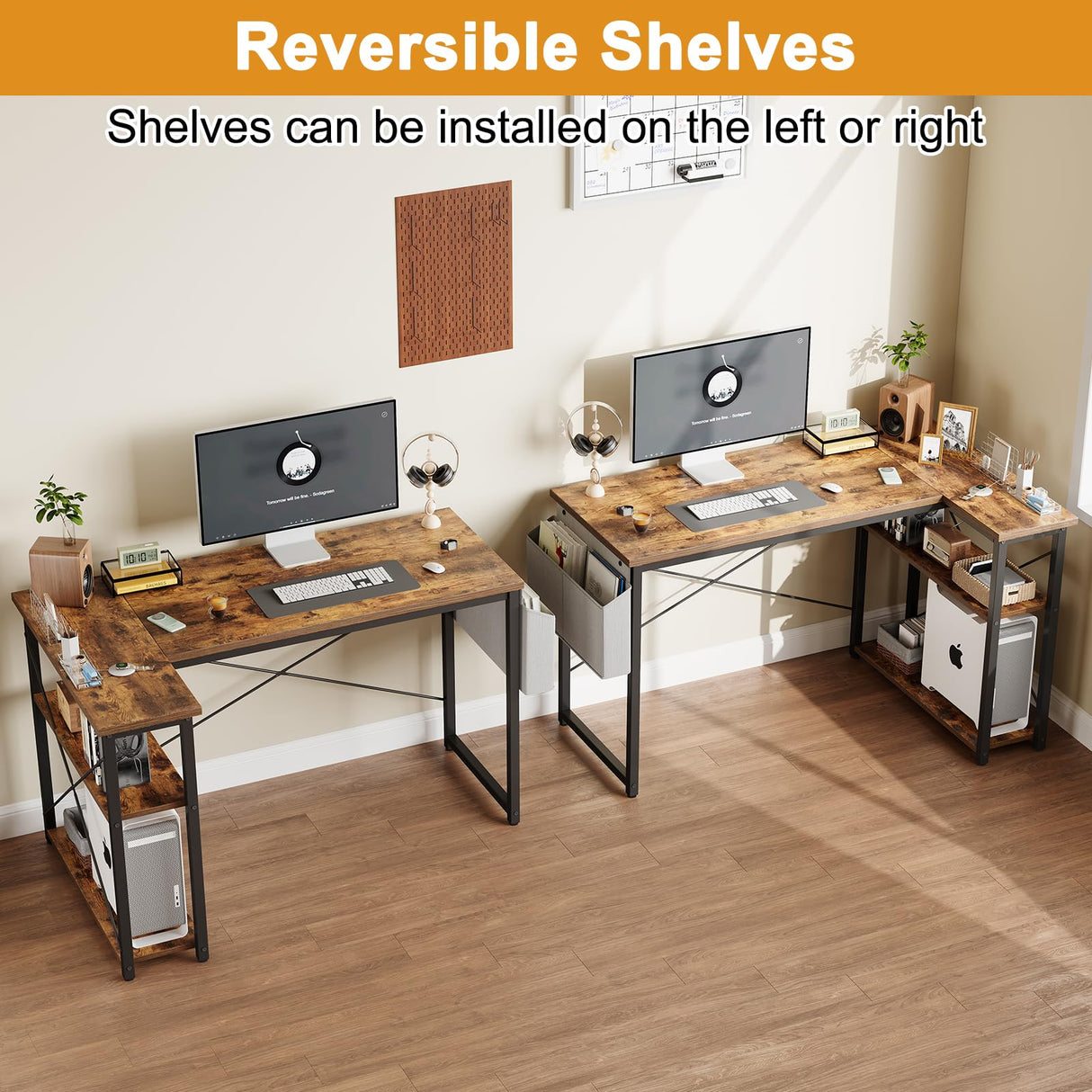 Grandder L Shaped Computer Desk with Reversible Shelves, 40 Inch Small Corner Desk with Storage Bag, Gaming Desk Computer Table Study Writing Desk for Home Office Small Space, Rustic Brown Grandder