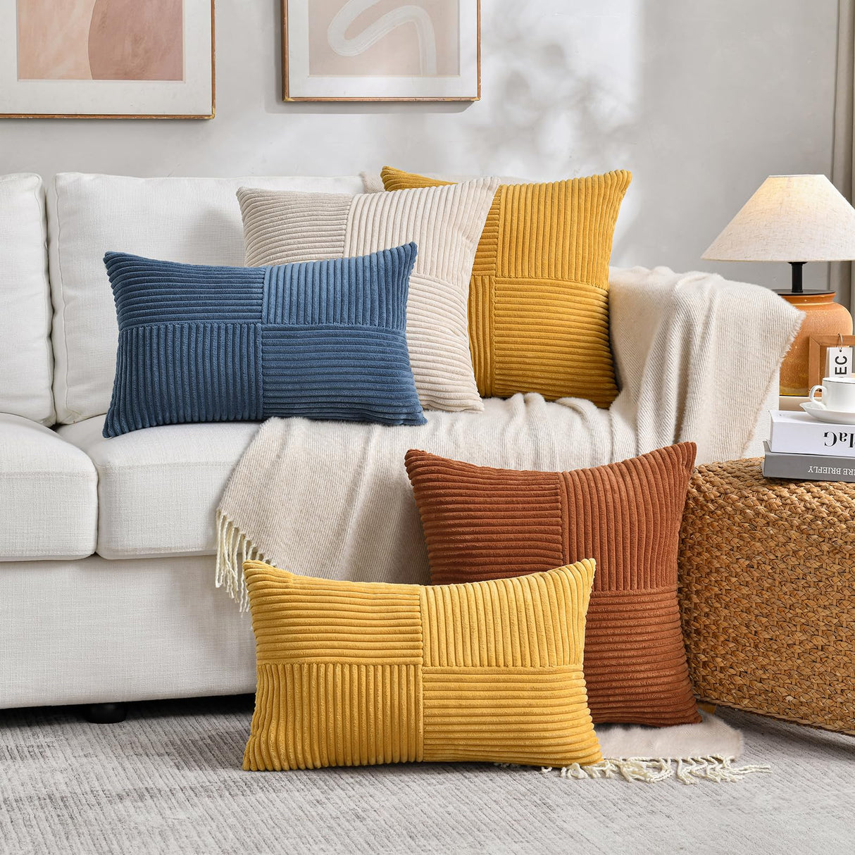 Fancy Homi 2 Packs Rust Boho Decorative Throw Pillow Covers 18x18 Inch for Couch Bed Sofa, Farmhouse Fall Home Decor, Soft Corss Corduroy Patchwork Textured Terracotta Accent Cushion Case 45x45 cm Fancy Homi