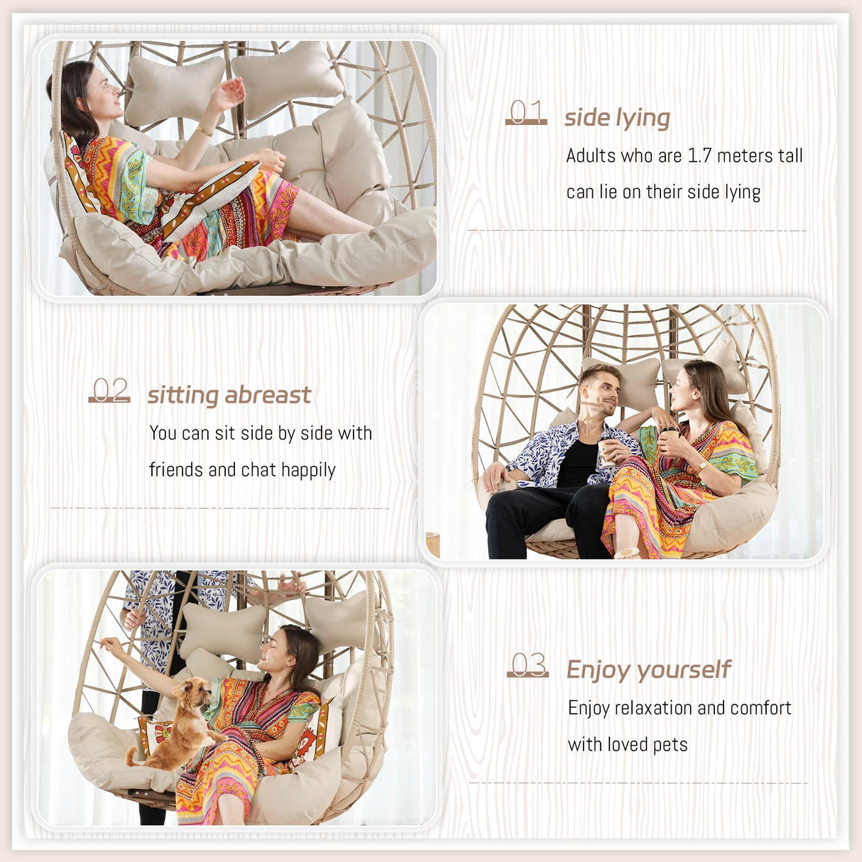 BLUEXYARD 2 Person Hanging Egg Chair with Stand, Extra Large 700 Lbs Wicker Patio Hammock Loveseat Swing, Oversized Cushioned Double Swing Chair for Indoor Outdoor Garden Balcony Backyard, Beige BULEXYARD