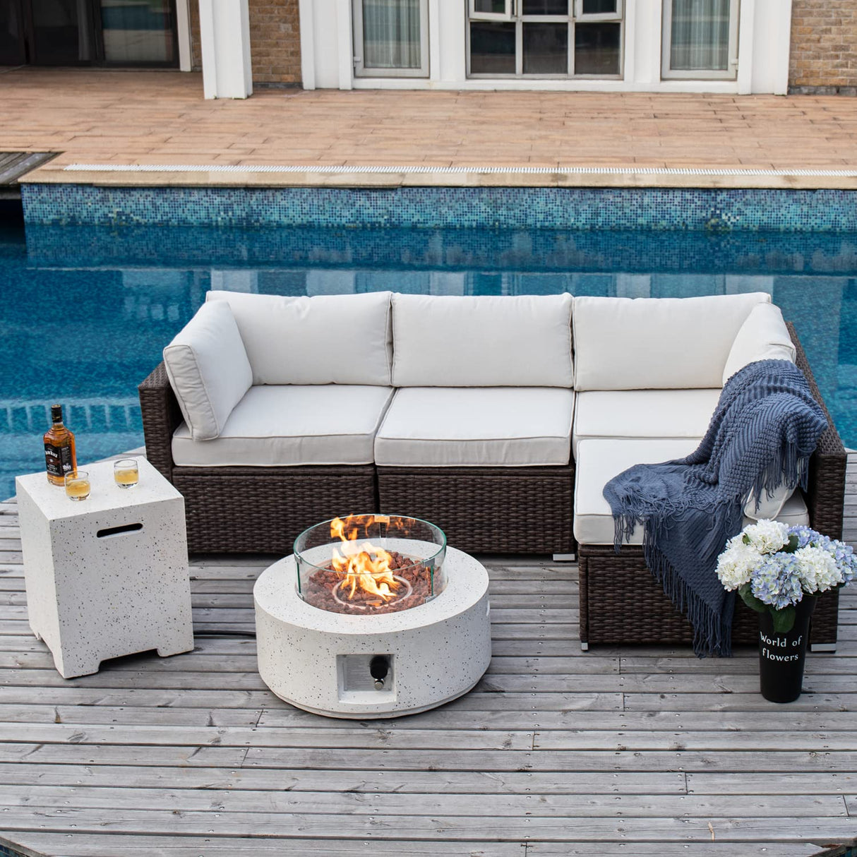 COSIEST 6-Piece Patio Furniture Set w Fire Pit Table, Outdoor Brown Wicker Sectional Sofa w 28-inch Terrazzo Round Fire Table (40,000 BTU), Wind Guard and 16-inch Tank Outside (20lb) for Garden COSIEST