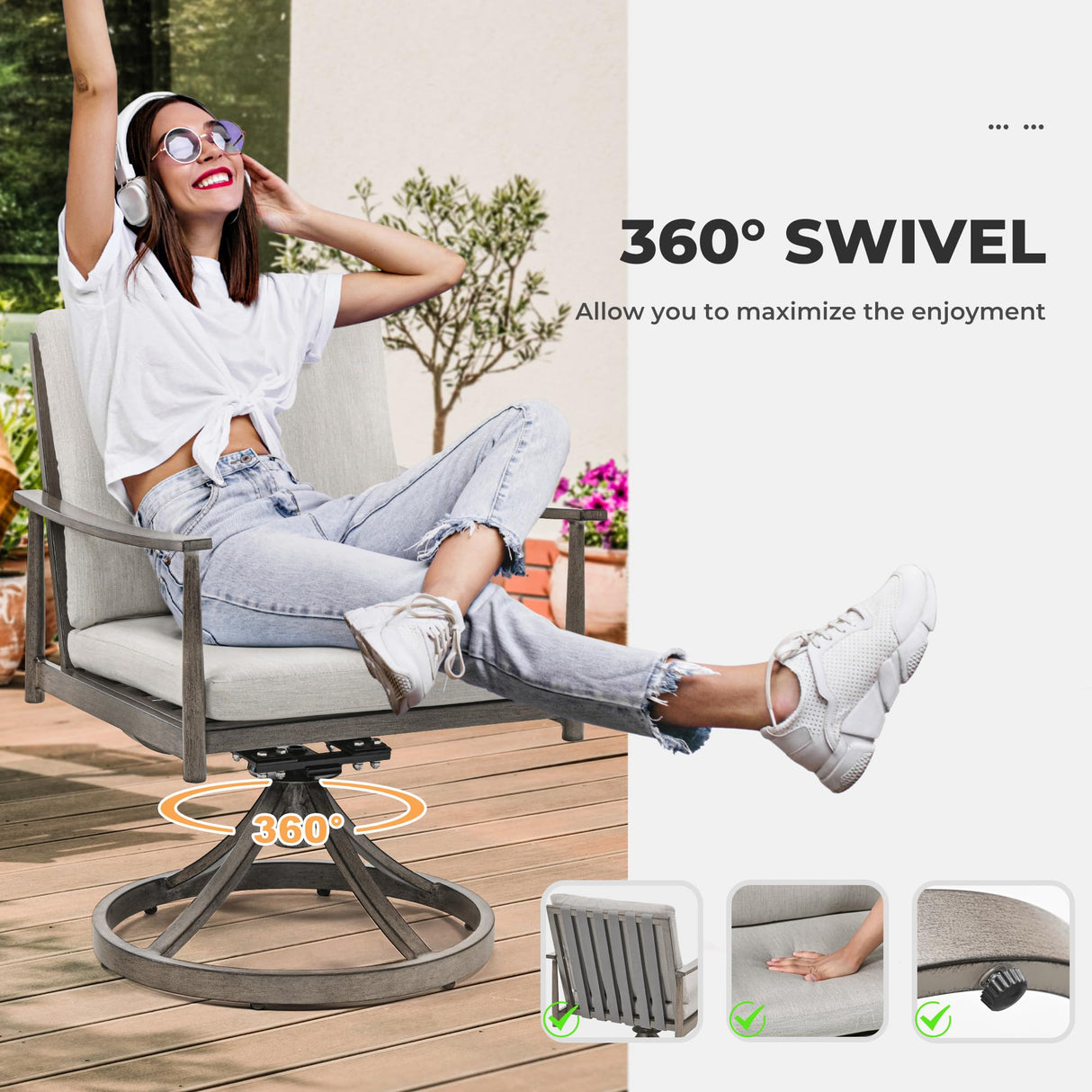 HAPPATIO 9-Piece Patio Table and Chairs Set for 8, Aluminum Outdoor Dining Set with Cushions, 8 Swivel Dining Chairs, 1 Large Rectangular Table with Umbrella Hole for Lawn, Porch, Backyard, Grey HAPPATIO