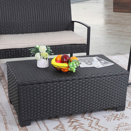 Rattaner Patio Coffee Table with Storage Wicker Outdoor Coffee Table and All-Weather Wicker Side Table with Waterproof Cover, Black Rattaner