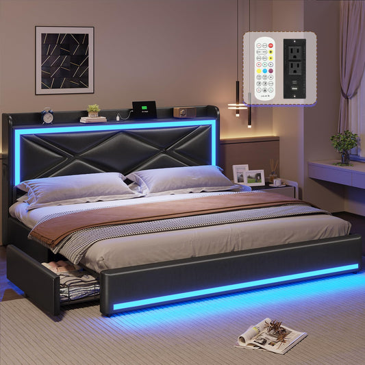 King Size Faux Leather Bed Frame with LED Headboard, Storage Drawers & USB-C Charging - WoodArtSupply