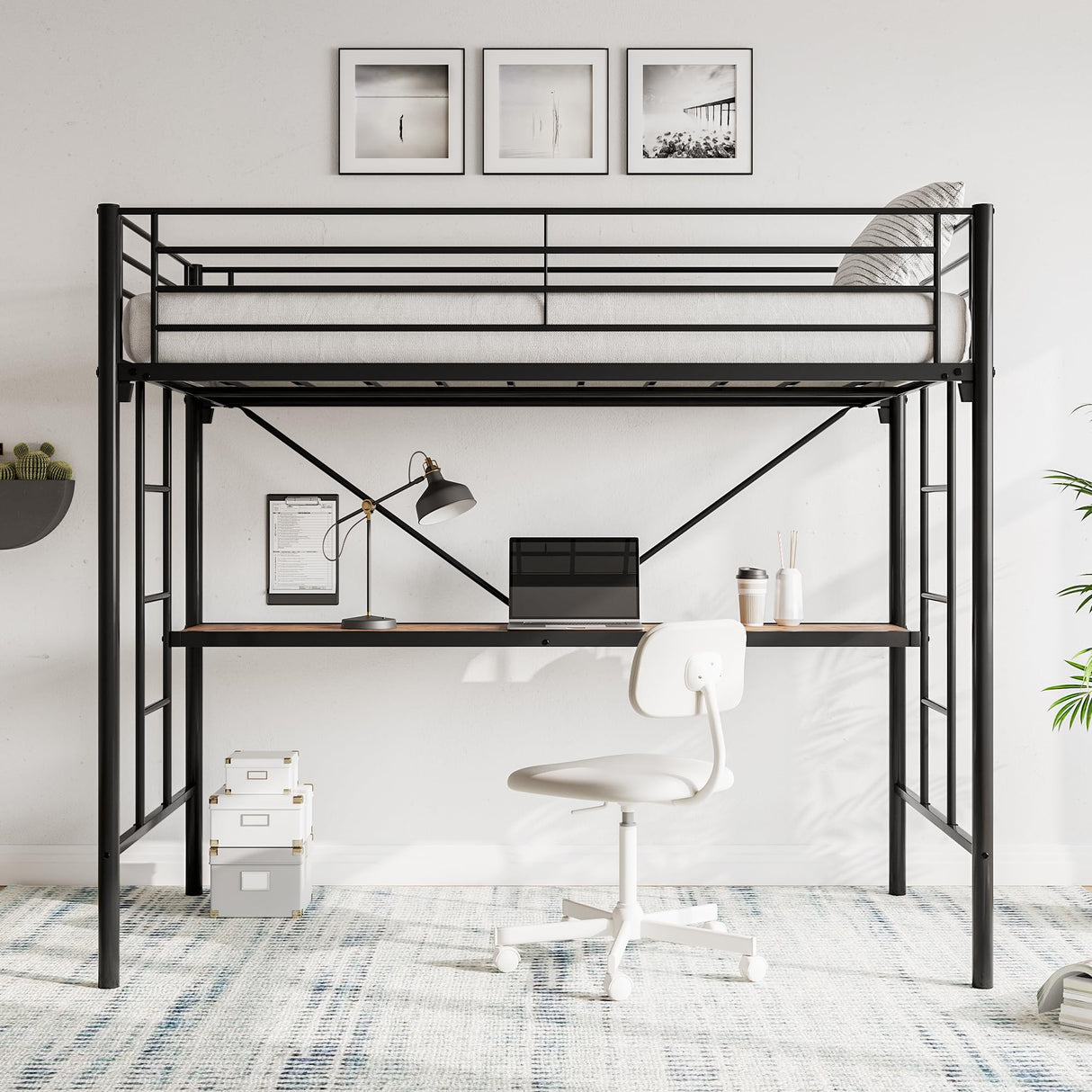 JURMERRY Twin Metal Loft Bed with Desk, Two Ladders, and Safety Guard Rail in Black JURMERRY
