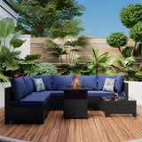 Ophelian 8 Piece Patio Furniture Set with Fire Pit Table, Wicker Outdoor Sectional Furniture, Outside Rattan Patio Couch Sets for Backyard, Garden, Deck (Brown/Blue) Ophelian