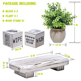 Liswit Farmhouse Funny Bathroom Decor Signs, 3 Wooden Blocks with Plant & Tray, Rustic Decoration for Bathroom Countertop Liswit