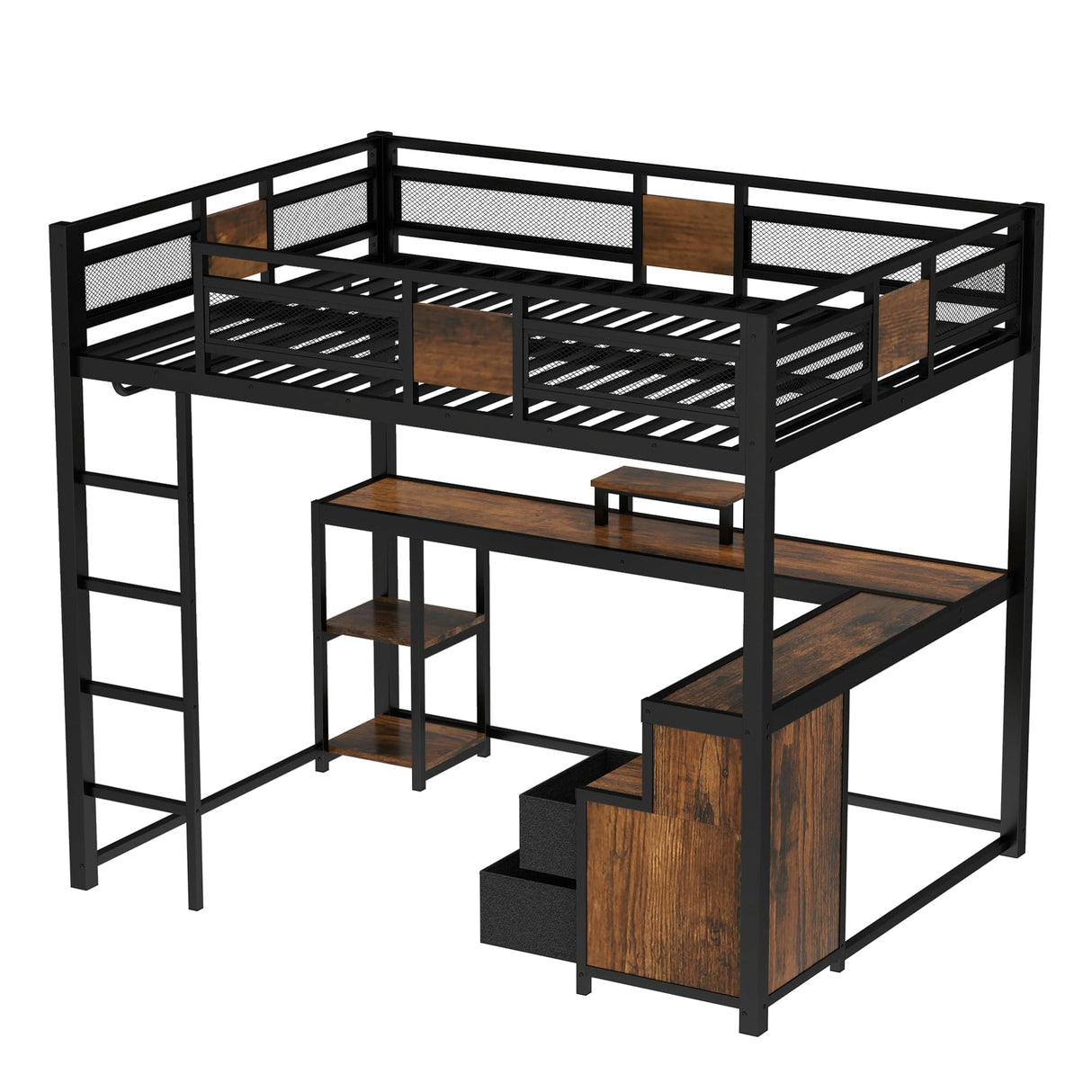 Ball & Cast Queen Size Loft Bed with L Shaped Desk and Storage Drawers, Metal Loft Bed Frame with Safety Rails & Ladders for Kids Teens Adults, Nosie-Free,No Box Spring Needed,Easy Assembly,Black Ball & Cast