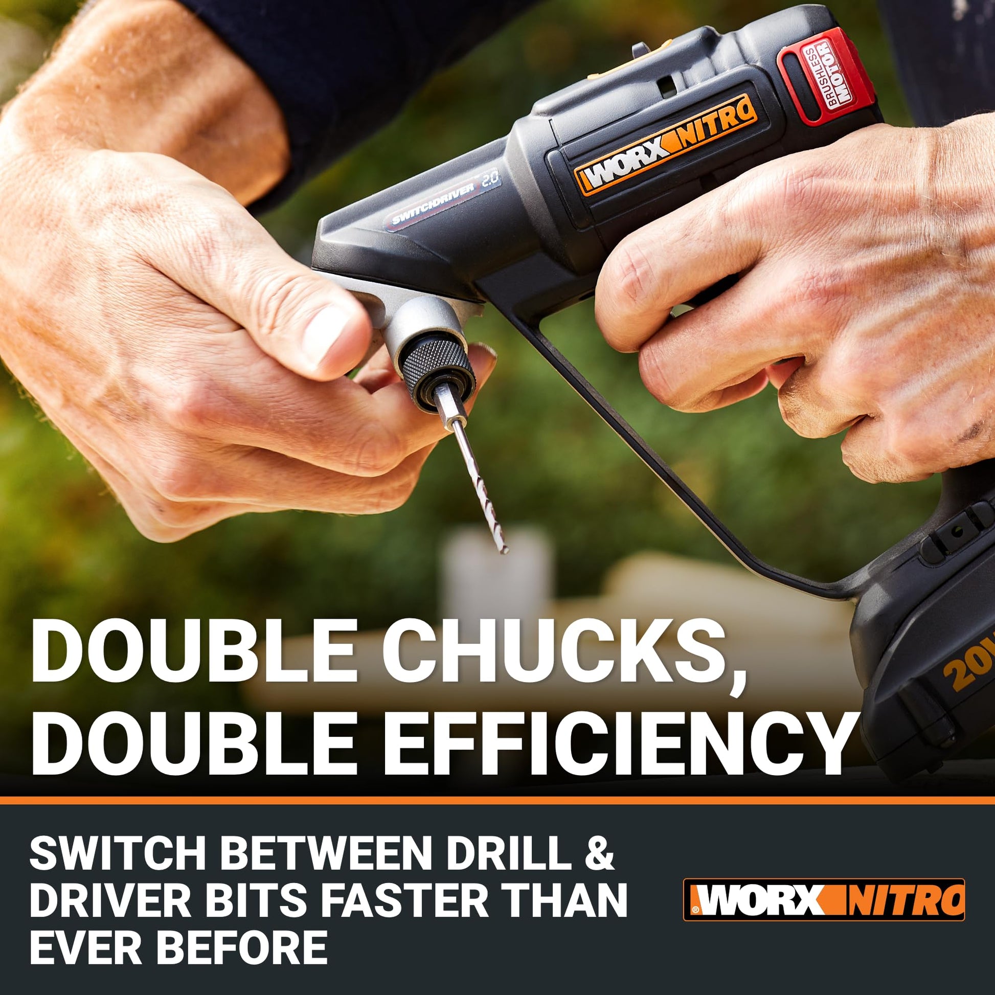 Worx Nitro 20V SwitchDriver 2.0, 2-in-1 Brushless Cordless Drill Driver, Drill Set Rotatable Dual 1/4" Chucks, Compact Cordless Drill with Digital Torque Setting WX177L – (Battery & Charger I - WoodArtSupply