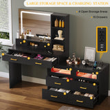 DWVO Vanity Desk with Mirror and Light, 65" Makeup Mirror Table Set with 3 Lighting Modes Adjustable, Large Makeup Dressing Vanity Table with Charging Station, 10 Drawers and 4 Storage Shelves, Black DWVO