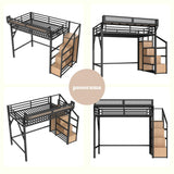 Full Loft Beds with Storage Beside Shelves and Wardrobe, Metal Loft Bed Full with LED Lights and USB Ports, Heavy-Duty Loft Bed Frame for Teens, Adults, Noise-Free & Space-Saving, Black Bellemave