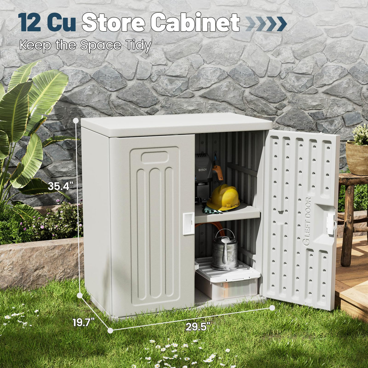 Amopatio Outdoor Storage Cabinet with 1 Shelf, Resin Storage Cabinet Waterproof, Plastic Patio Storage Shed All Weather Use for Tools, Cleaning Supplies, 19.7" D x 29.5" W x35.4 H, Grey Amopatio