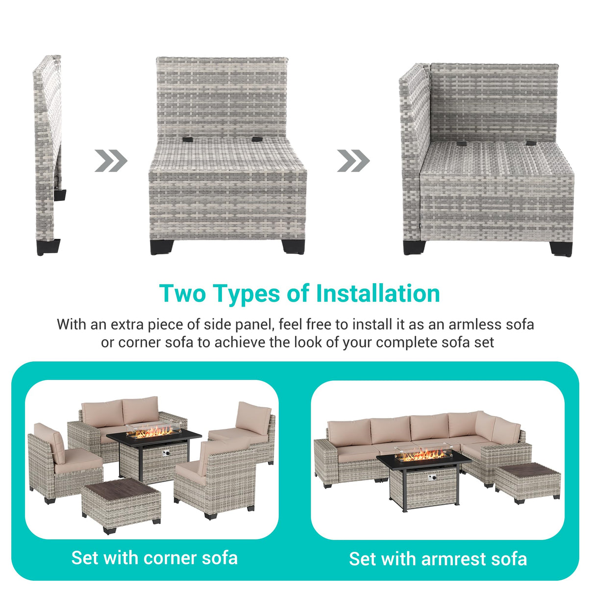 Muphyers 7-Piece Outdoor Patio Furniture Set with 55,000 BTU Fire Pit Table, PE Wicker Rattan Sectional Sofa Patio Conversation Set with Thickened Cushions & Coffee Table, Sand Muphyers