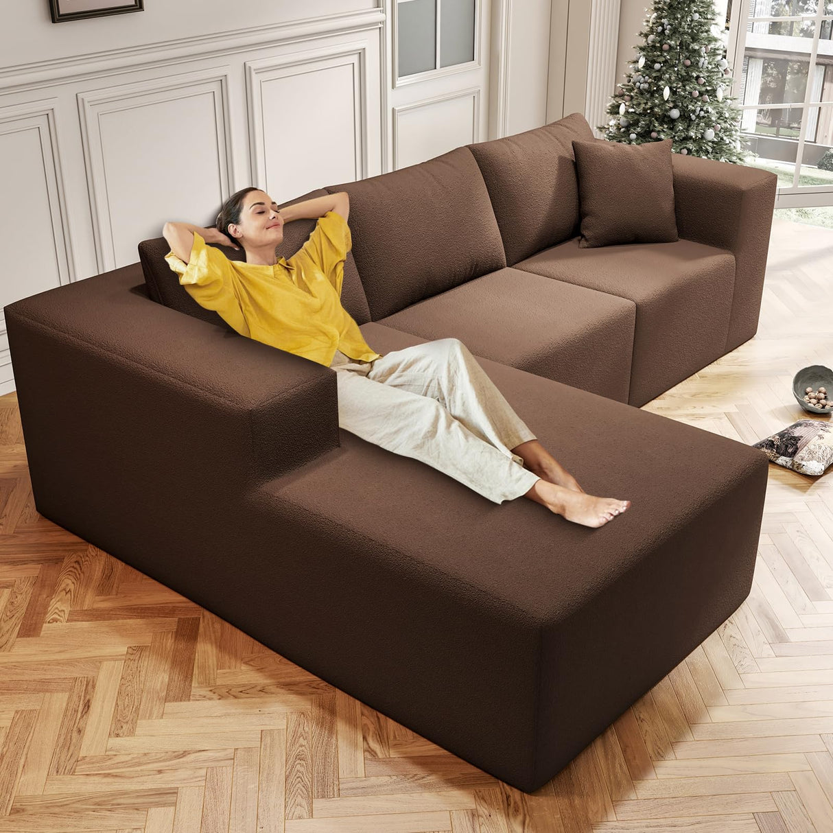 108" Cloud Sectional Couch with L-Shape Chaise,4 Seat Modern Modular Sofa with Deep Seat, Upholstered Couches for Living Room Bedroom, Sectional Boneless Couch (Coffee, 108"+Left Facing Chaise) SYFERLORY