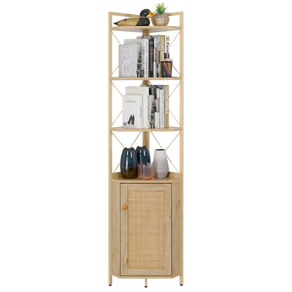 Finnhomy Corner Shelf with Cabinet, 71 Inches Multipurpose Corner Cabinet with Rattan Decorated Doors, Corner Storage Shelves for Bedroom, Living