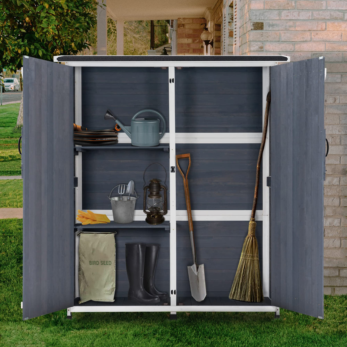 MCombo Storage Shed Backyard Utility Tools Organizer Outdoor Wooden Garden Racks Shelves with Lockers 2 Doors Home Furniture 6056-1400(Grey) MCombo