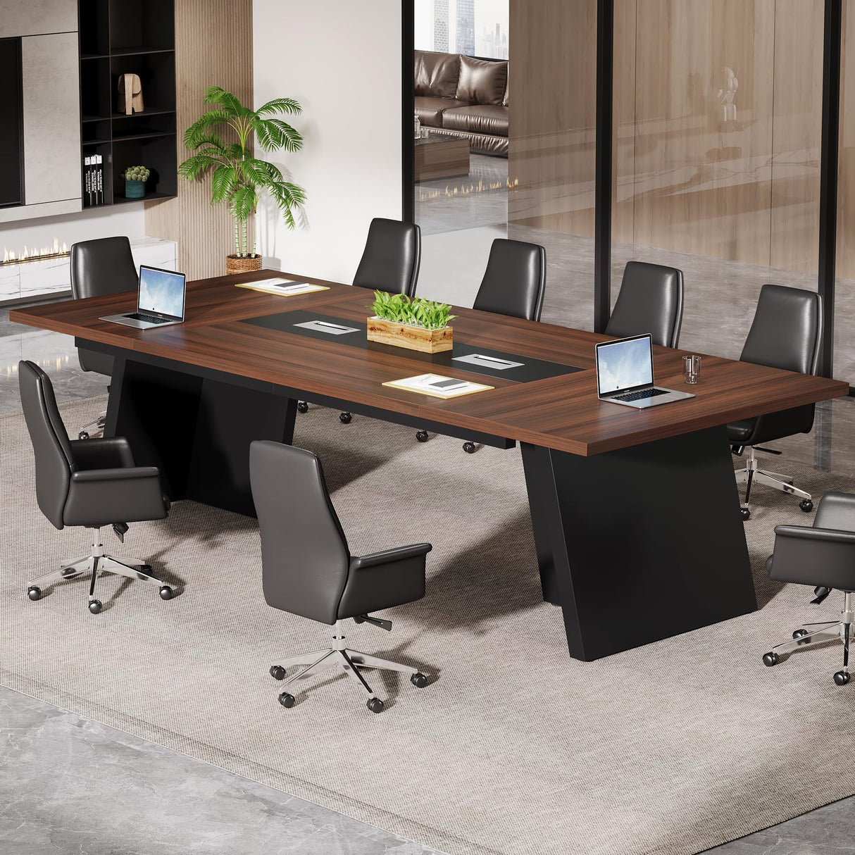 Tribesigns 8ft Conference Table, Modern Office Meeting Room Table with Cable Management, Large Business Seminar Furniture for Boardroom, Walnut and Black Tribesigns