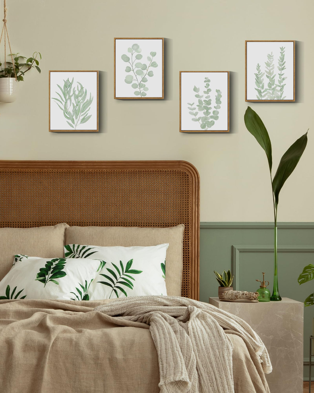 Drsoum Framed Botanical Plant Canvas Wood Wall Art Light Green Sage Wall Decor Eucalyptus Leaf Picture for Bedroom Living Room Bathroom Office 8”x 10” x 4pcs Drsoum