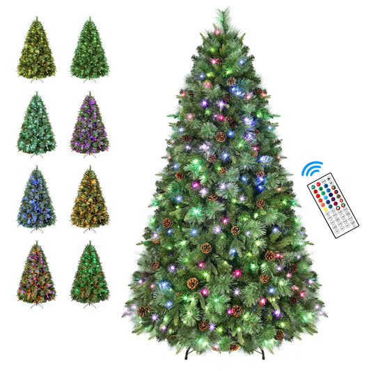 SHareconn 6ft Prelit Artificial Hinged Christmas Tree with Remote Control, Upgraded Version with Pre-Lit 340 Led Color Changing RGB Lights, Pine Cones, Perfect Choice for Xmas Decoration, 6 FT