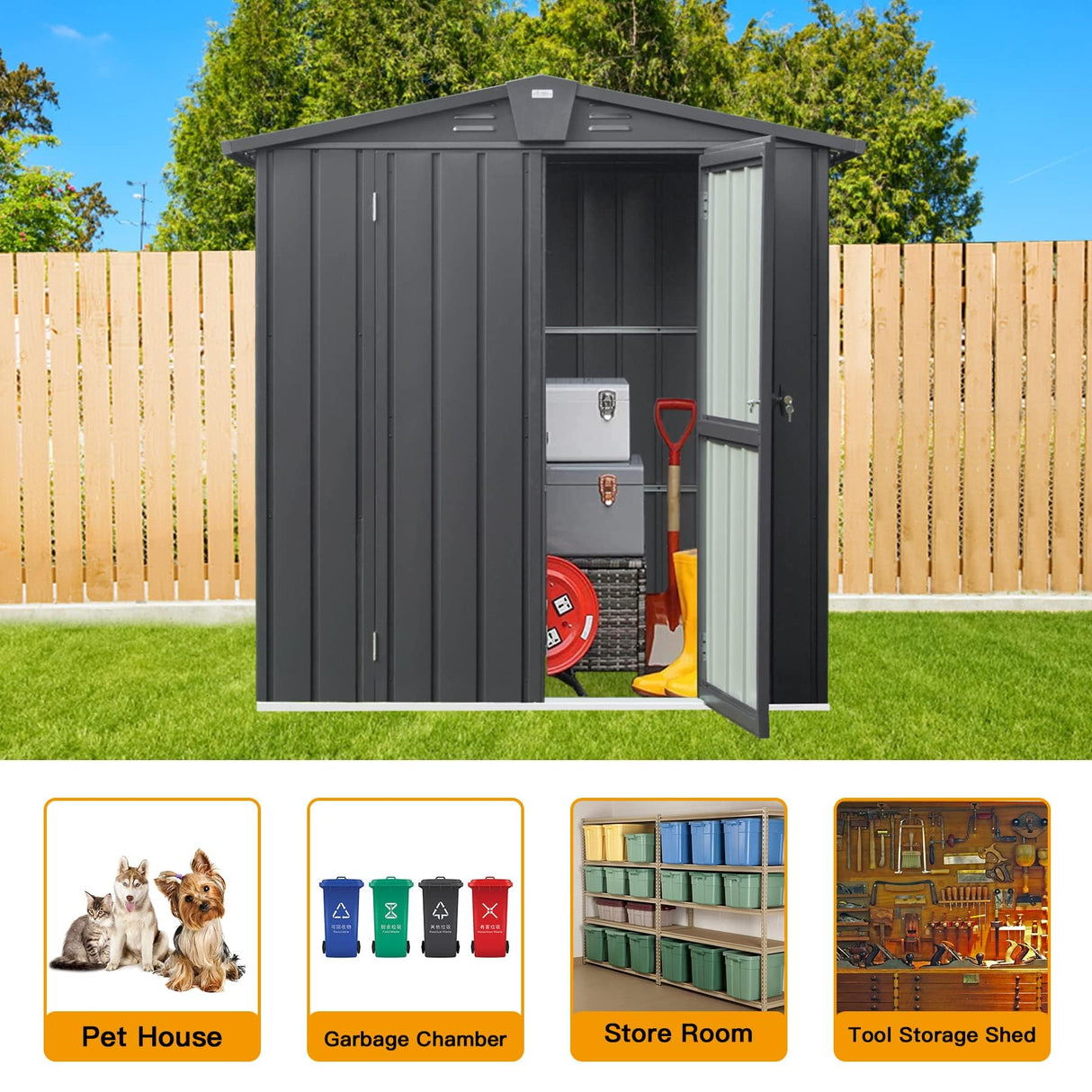 Domi Outdoor Storage Shed 5.7' x 3’, Metal Garden Shed with Galvanized Steel Frame for Bike, Tools, Lawn Mowers, Pool Toys, Outdoor Storage Cabinet with Lockable Door for Garden Lawn Patio (Dark Grey) domi outdoor living