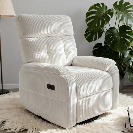 Overized Power Swivel Rocker Recliner Chair,Comfy Corduroy Sofa Reclining for Adults,Adjustable Rocker Reclining Sofa Lounge with USB&Type-C Ports,Side Pocket, for Living Room,White YDN