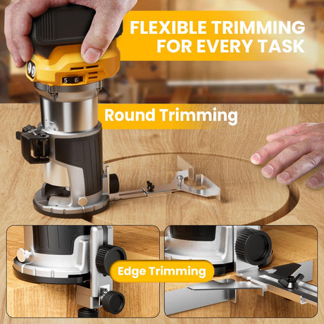 Cordless Compact Router for DeWalt 20V Battery (Bare Tool), 6 Variable Speeds Router Tool for Woodworking, 800W 30,000 RPM Fixed Base Wood Router with Trim Router Bits, Edge & Roller Guide, Dust Hood MtiolHig