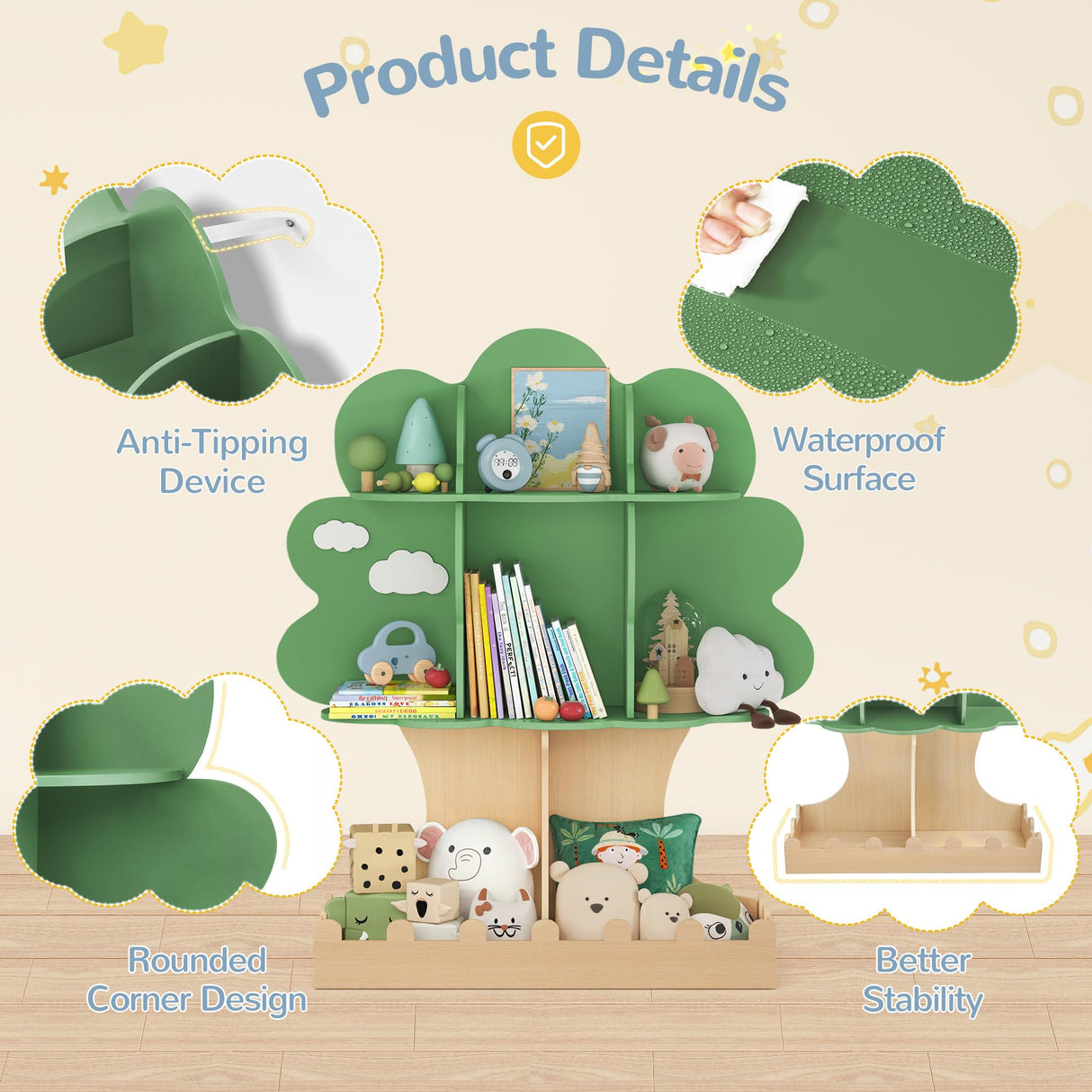 Curipeer Tree Kids Bookshelf with Bottom Fence, Toddler Bookshelf for Kids, Baby Montessori Bookshelf and Toy Storage, Wooden Bookcase, Book Shelf for Kids Rooms, Nursery, Bedroom, Playroom, Green Curipeer