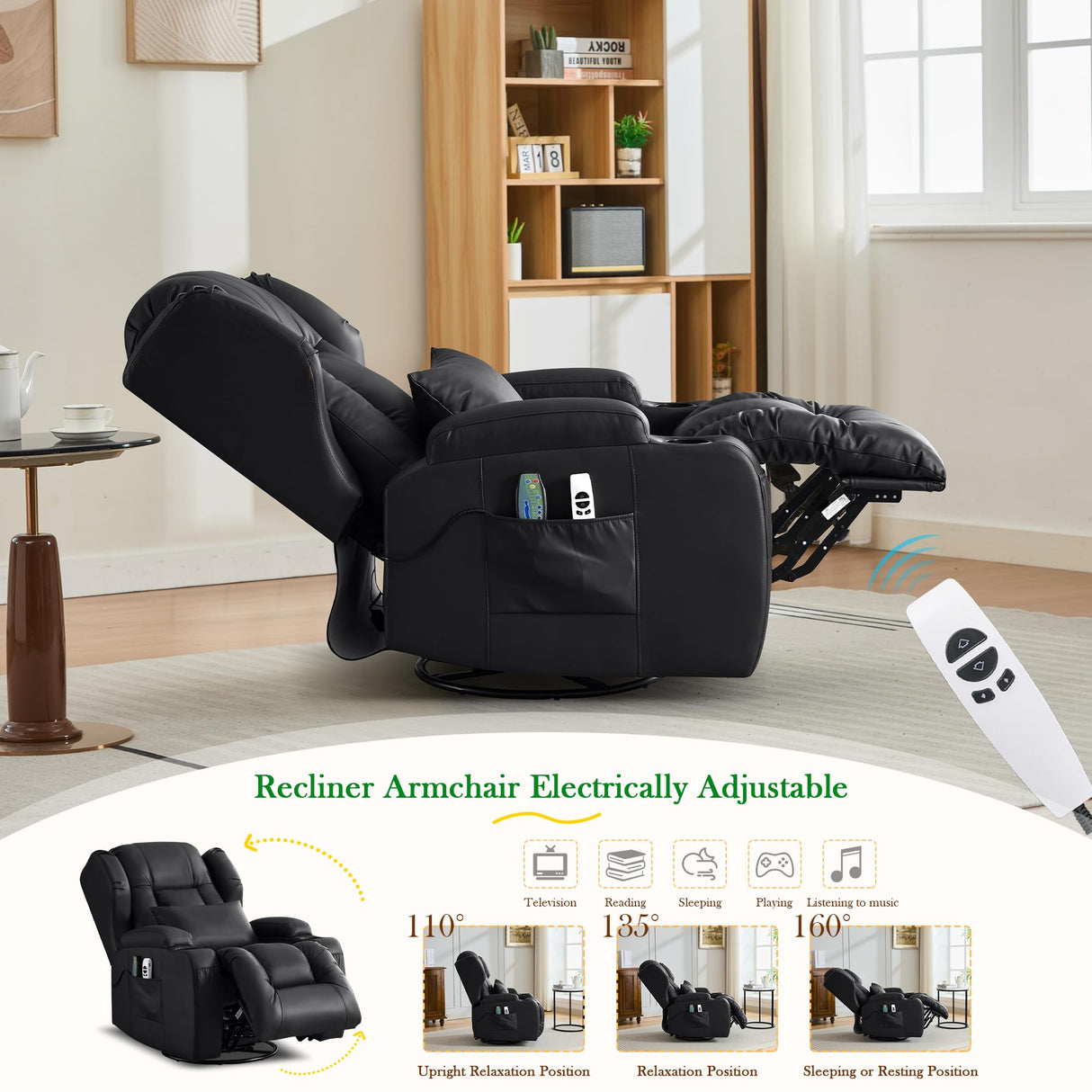 URRED Rocker Recliner Chair for Adults with Vibrating Massage and Heat, 270° Swivel Glider Rocking Chair Nursery Power Reclining Sofa with Ambient Lighting, Cup Holders, Faux Leather, Black URRED