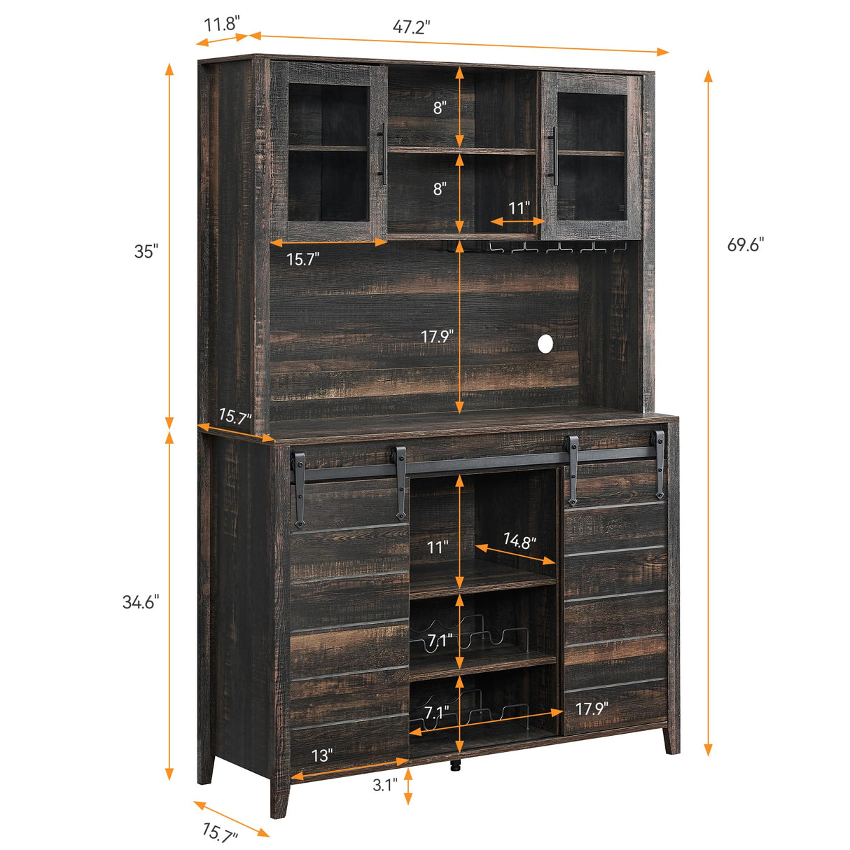 IDEALHOUSE Farmhouse Coffee Bar Cabinet with Sliding Barn Doors, 70'' Kitchen Hutch Cabinet with Storage, Wine&Glasses Rack, Tall Sideboard Buffet Cabinet for Kitchen, Dining Room, Oak IDEALHOUSE