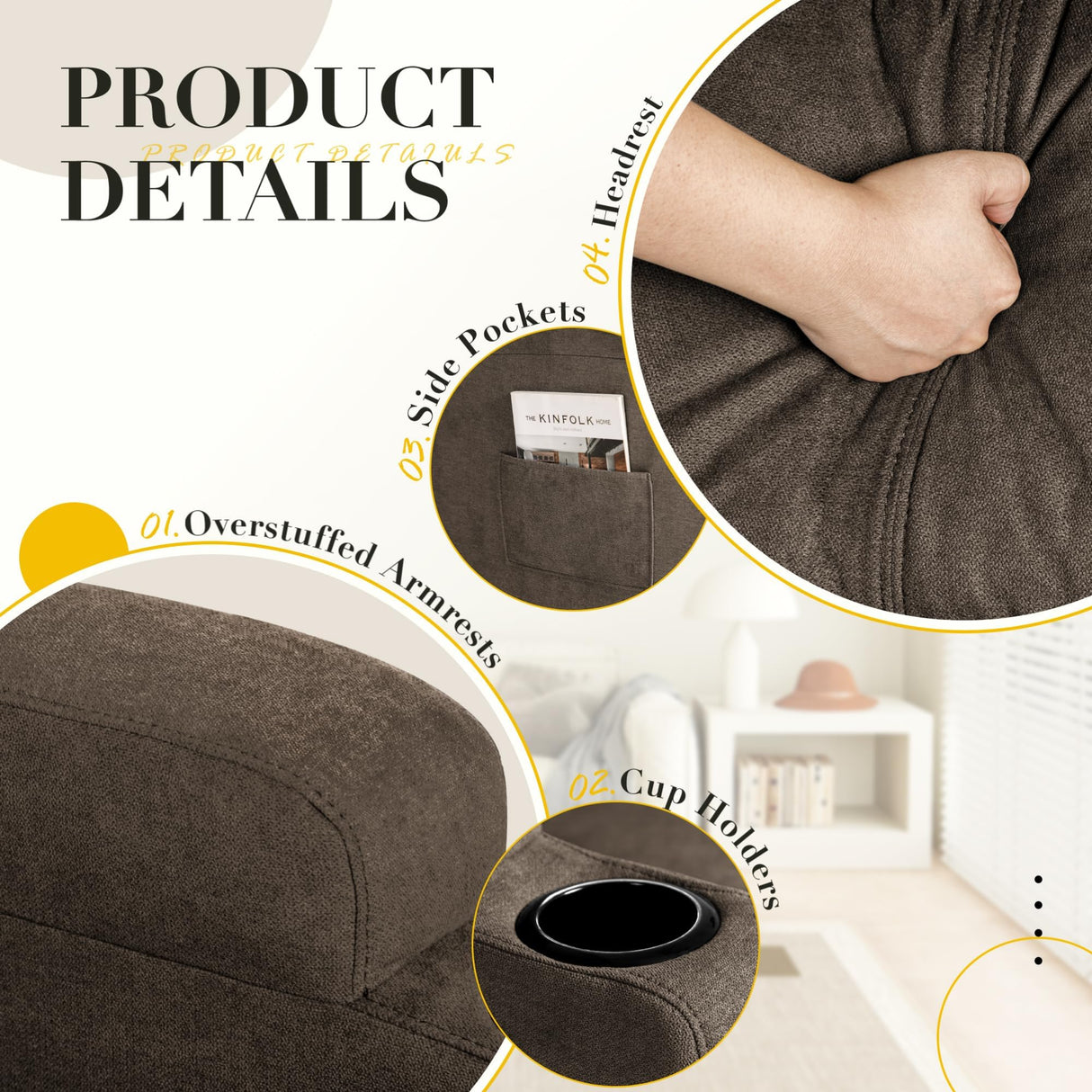 Recliner Chair, 360° Swivel Rocker Chair for Adults, Rocking Recliner Chair with Massage, Comfy Single Sofa with Side Pockets Cup Holders for Living Room, Bedroom, Nursery (Fabric, Brown) Furmax