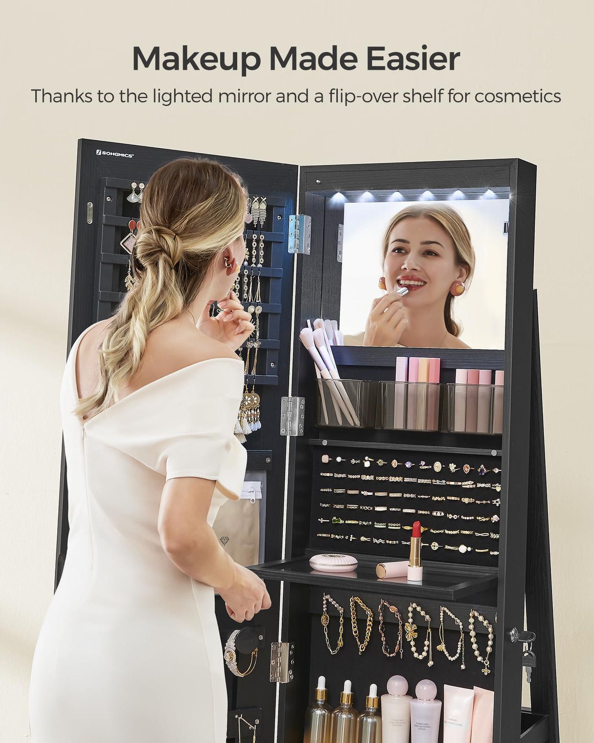 SONGMICS LED Mirror Jewelry Cabinet Standing, Lockable Jewelry Armoire with Full-Length Mirror and Adjustable LED Lights, Space-Saving Jewelry Organizer with Mirror, Gift Idea, Ink Black UJJC008B01 SONGMICS