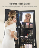 SONGMICS LED Mirror Jewelry Cabinet Standing, Lockable Jewelry Armoire with Full-Length Mirror and Adjustable LED Lights, Space-Saving Jewelry Organizer with Mirror, Gift Idea, Ink Black UJJC008B01 SONGMICS