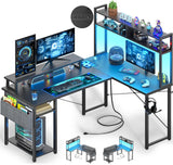 Besiost Small L Shaped Desk Gaming Desk with Power Outlets, 48" Reversible L Shaped LED Computer Desk with Monitor Stand & Storage Shelf, Corner Gamer Desk Home Office Desk with Storage Bag, Black Besiost