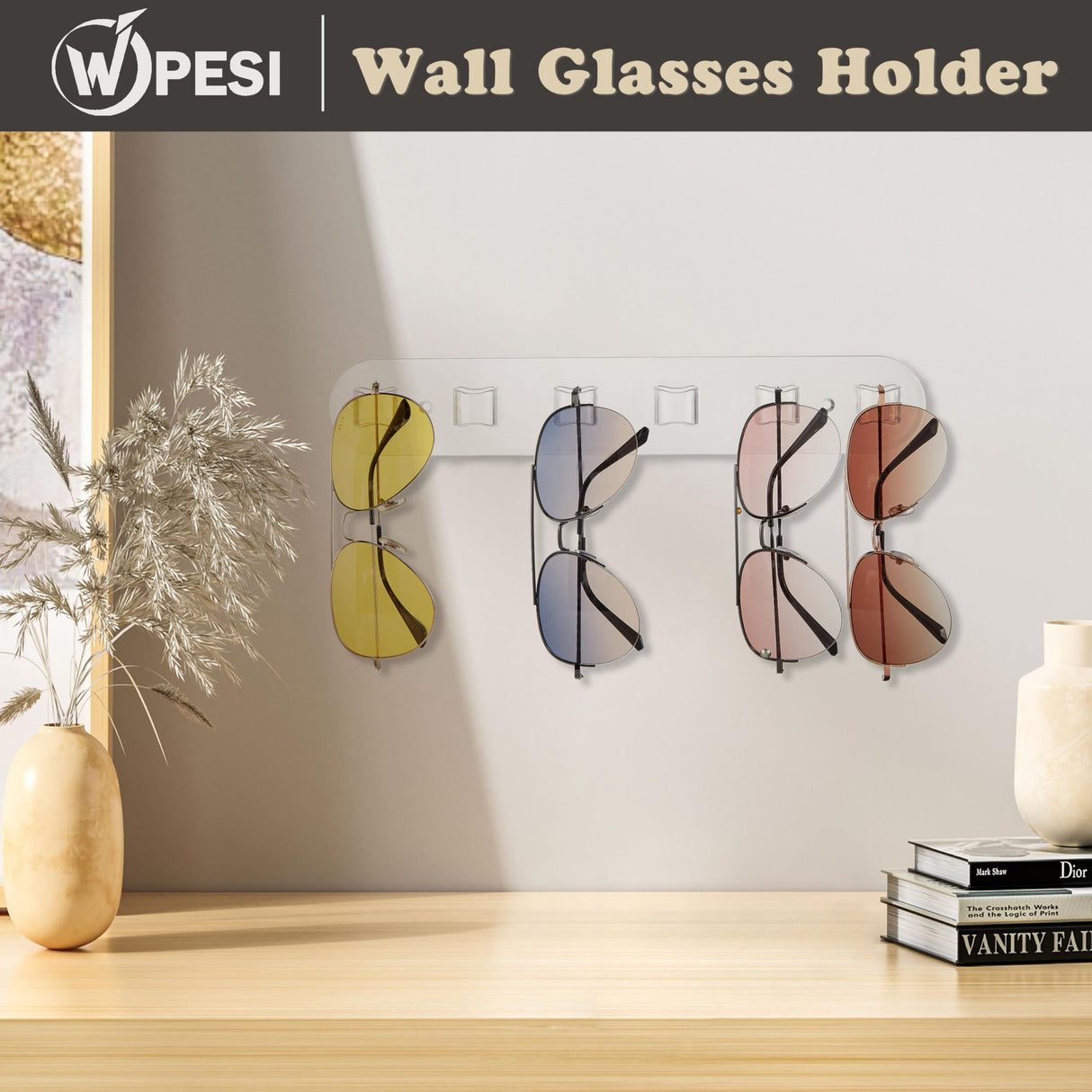 WPESI Wall Glasses Holder 2 pack,Sunglass Organizer,Acrylic Sunglasses Display,Sunglasses Rack for Hanging Your Multiple Eyeglasses, Sunglasses Holder Eyeglass Holder Stand (Clear, 6 Slots) WPESI