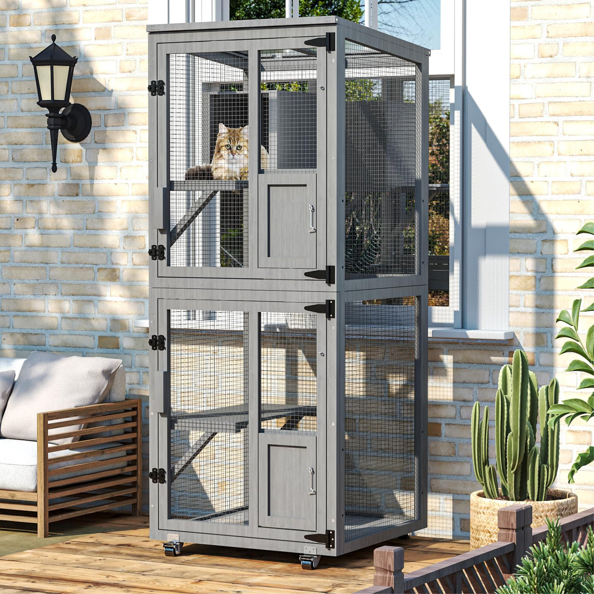 TRYKERPET 4 Tiers Catio Outdoor Cat Enclosure, Outdoor Cats House with 4 Wheels, Cat Enclosure Window Access with Removable Floor, Upgraded Resting Box, Waterproof Roof, Wooden Indoor Pet Cage, Grey TRYKERPET