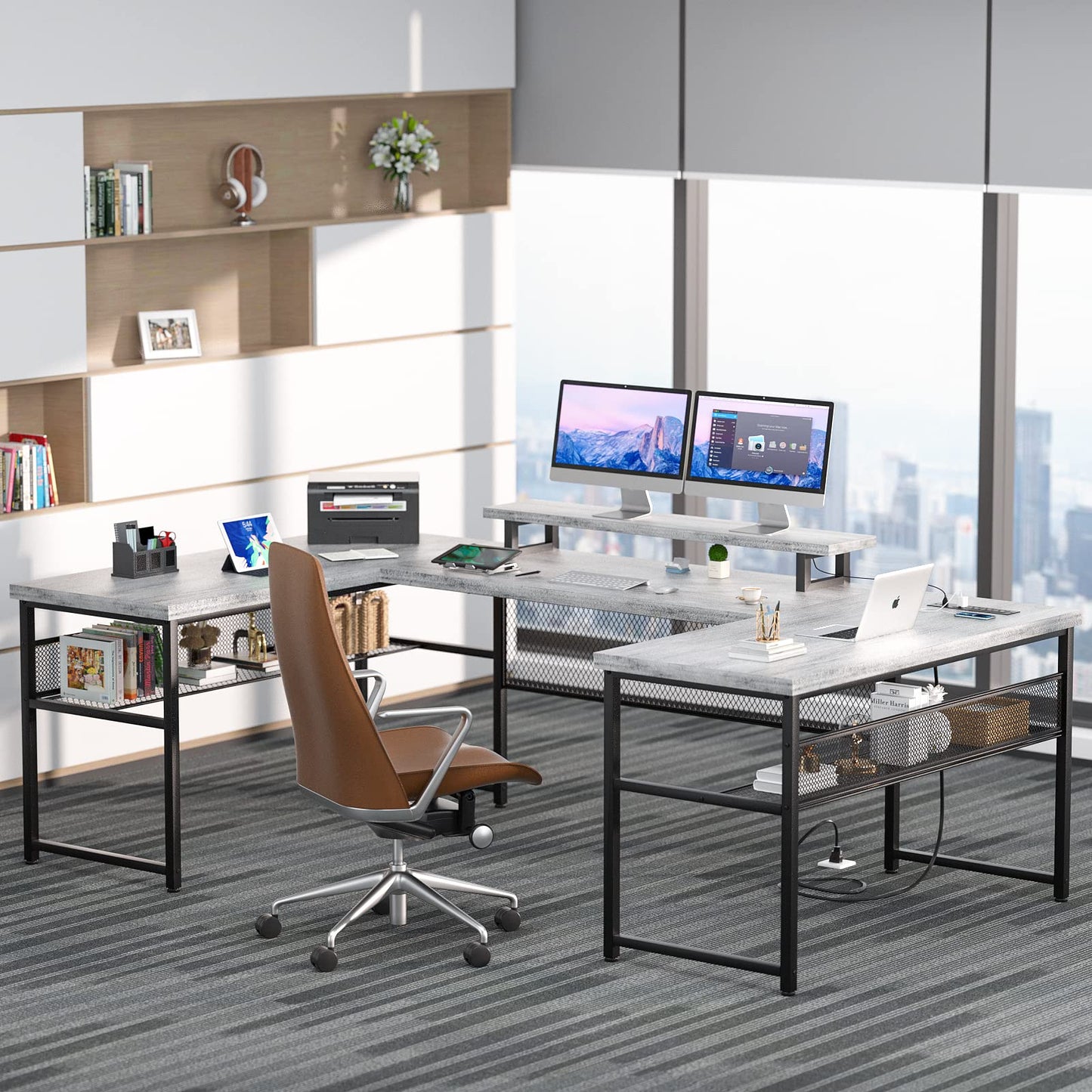 Unikito Reversible U Shaped Computer Desk with Power Outlet, LED Lights, and Monitor Stand – Modern 130 Inch Dual Purpose Office and Gaming Table in White Oak - WoodArtSupply