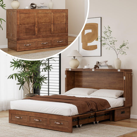 Nesbsakte Queen Murphy Bed Cabinet: Hidden Space-Saving Solid Wood Cabinet Bed with USB Charging for Beedrooms and Apartments(Mattress Not Included) Yellow Brown-15 Nesbsakte