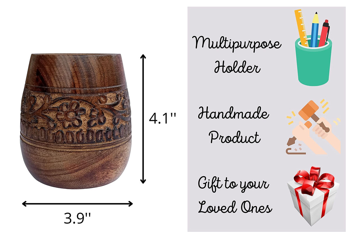 Mie Creations Designer Pencil Holder for Desk Wood | Wooden Pen Stand, Paintbrush Cup, Desk Accessories, Cute Make Up Brush Organizers | Office Desktop Stationery, Mothers Day Gift for Mom- 4'' Brown Mie Creations