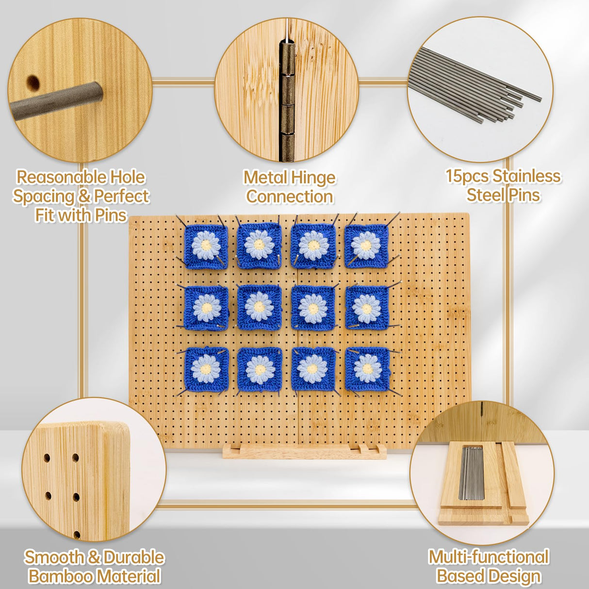 23.6" x 15.8" Granny Square Blocking Board Foldable, Bamboo Blocking Boards for Crochet Projects with Pegs, Blocking Boards for Crochet Projects, Gifts for Mothers, Grandmothers Iswabard