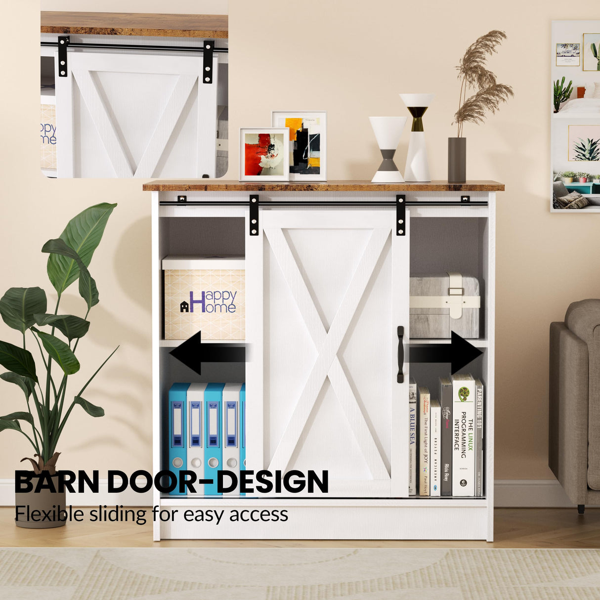SOFTLYNICE White Coffee Bar Cabinet with Storage, Farmhouse Coffee Bar Cabinet, Coffee Bar Table with Sliding Barn Door, Suitable for Kitchen, Dining Room and Living Room SOFTLYNICE
