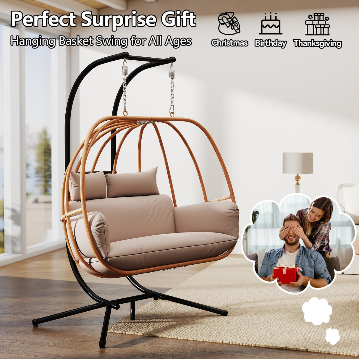 DAYARUS Double Egg Chair Outdoor, Egg Swing Chair with Stand, Hanging Egg Chair Outdoor with Cushions/Headrest, 80" H Hanging Chairs with Stand Indoor, Metal Basket Swing Egg Chairs for Deck, Khaki DAYARUS