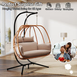DAYARUS Double Egg Chair Outdoor, Egg Swing Chair with Stand, Hanging Egg Chair Outdoor with Cushions/Headrest, 80" H Hanging Chairs with Stand Indoor, Metal Basket Swing Egg Chairs for Deck, Khaki DAYARUS