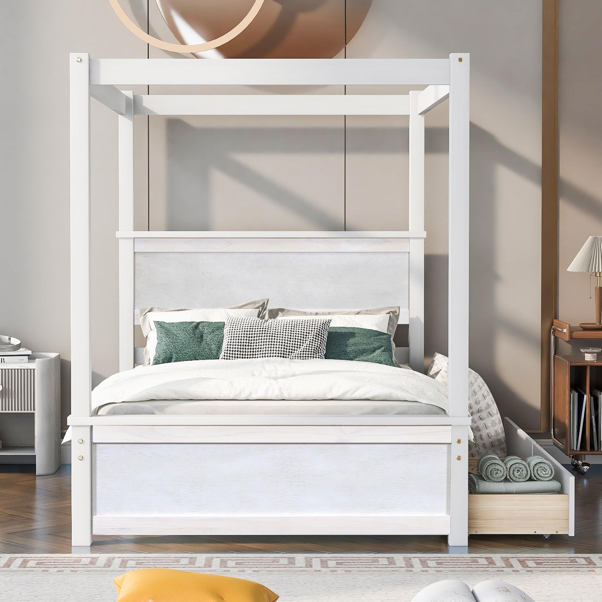 Bellemave Contemporary Wood Canopy Bed with Storage Drawers – Full Size, Brush White Finish - WoodArtSupply