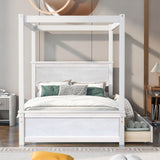 Full Size Canopy Bed with 2 Storage Drawers, 4-Post Wood Full Platform Bed Frame with Headboard, No Box Spring Needed (Full, Brushed White) Bellemave