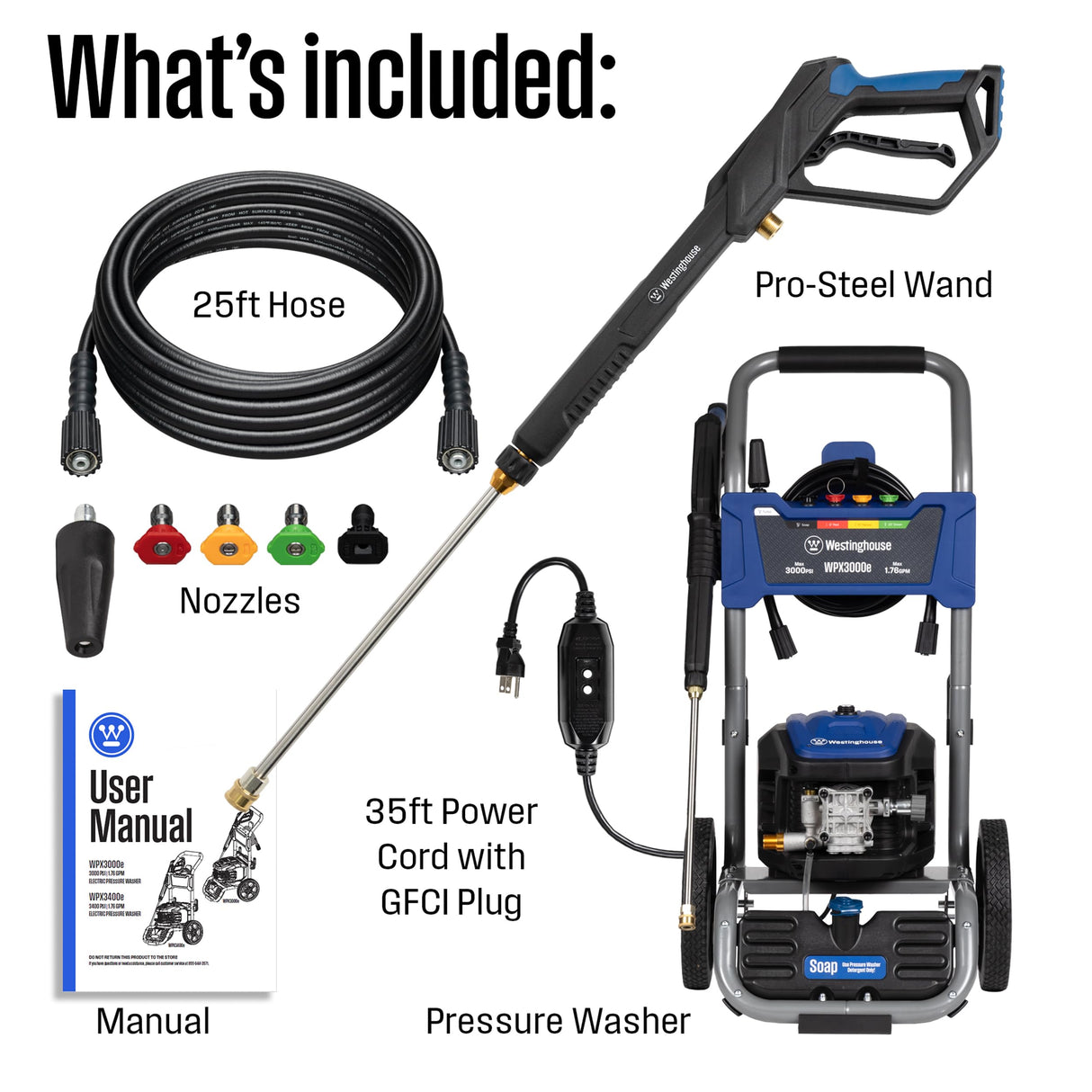 Westinghouse WPX3000e Electric Pressure Washer, 3000 Max PSI and 1.76 Max GPM, Induction Motor, Onboard Soap Tank, Spray Gun and Wand, 5 Nozzle Set, for Cars/Fences/Driveways/Homes/Patios/Furniture Westinghouse
