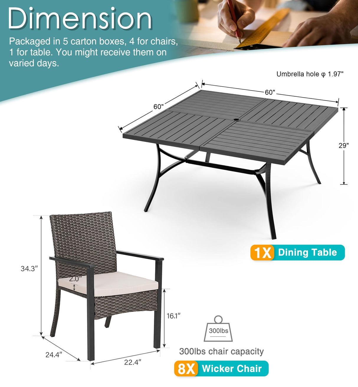 PHI VILLA 9 Pieces Square Outdoor Dining Table Set for 8, 60” Large Metal Steel Dining Table & Rattan Wicker Chairs with Cushions, Dining Furniture Set for Patio, Deck, Yard, Porch PHI VILLA