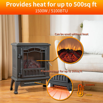 HICFM 3D Electric Fireplace Stove With Infrared Quartz Heater with Life-Like Flame, Power 1500W, BTU 5120 Maximum Coverage 500 sq ft, Making Home Warm as Spring, 2-Setting Heat, UL Safety