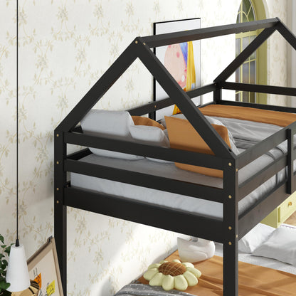 Twin Over Twin House Bunk Bed for Kids,Twin Size Low Bunk Beds with Ladder,Floor Bunk Bed Twin Over Twin,Solid Bunk Bed for Girls Boys,Black