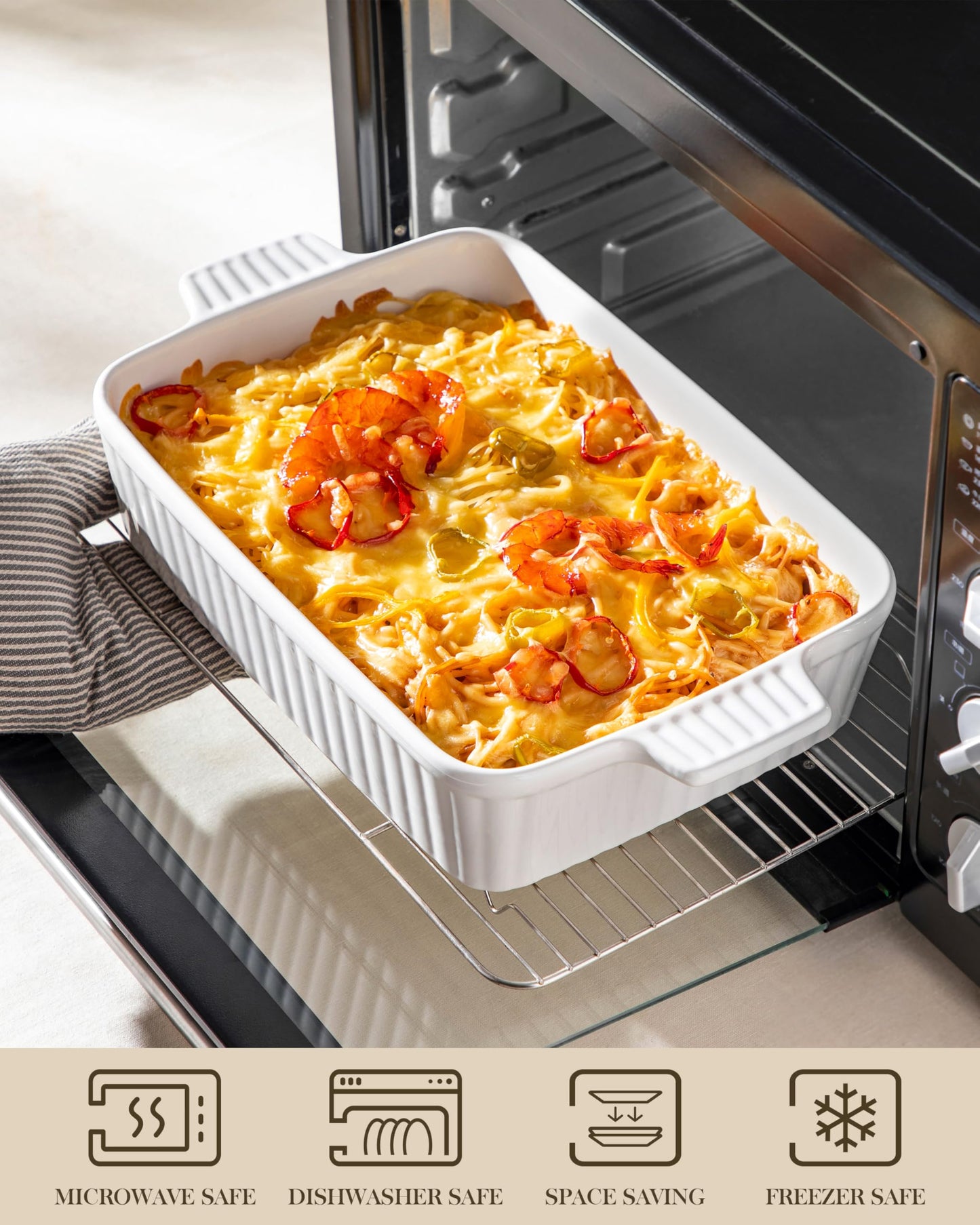 MALACASA 4.4 QT Baking Dish, 9x13 Large Casserole Dish for Oven, Ceramic Baking Pan, Rectangular Lasagna Pan Deep with Handles for Baking, Durable Microwave Oven Safe, White, Series BAKE-BAKE